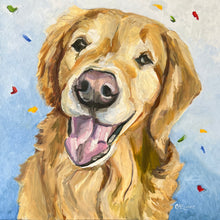 Cargar imagen en el visor de la galería, Smiling golden retriever surrounded by confetti