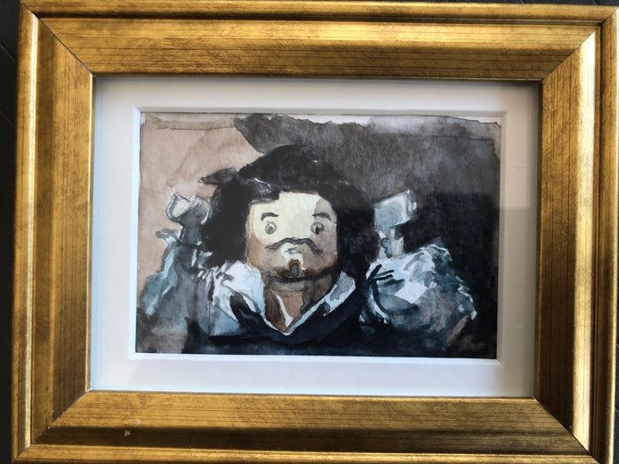 Gustav Courbet’s The Desperate Man, reinterpreted with lego mini-figure in watercolor