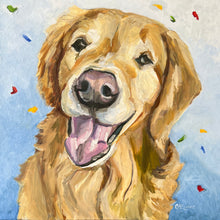 Load image into Gallery viewer, Smiling golden retriever surrounded by confetti
